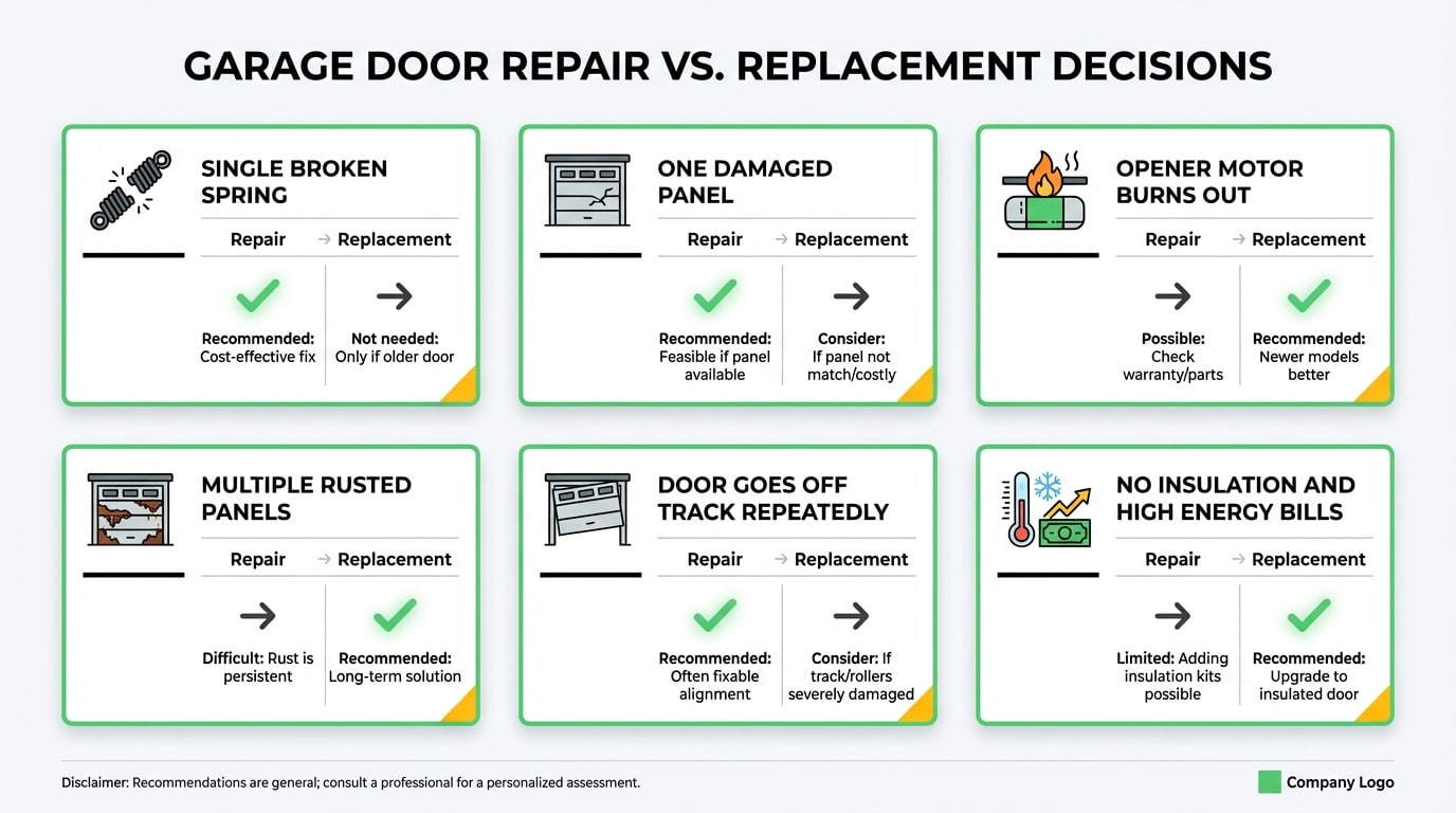 Comparison of garage door repair versus full replacement, showing a technician evaluating a residential garage door in San Antonio