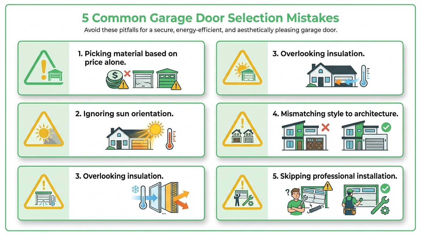 Homeowner examining garage door options and avoiding common selection mistakes