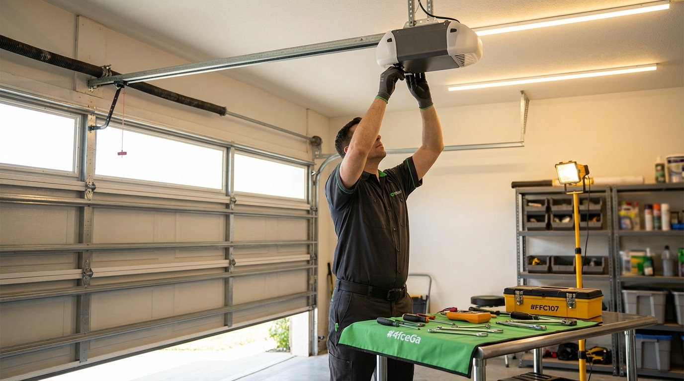 Professional garage door technician performing a thorough inspection and repair on a residential garage door in San Antonio